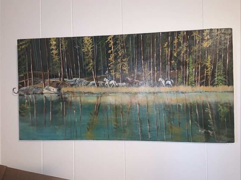 Vintage Signed Oil Canvas Painting 12”x24″ Horses Fairytale Forest Cabin Farm