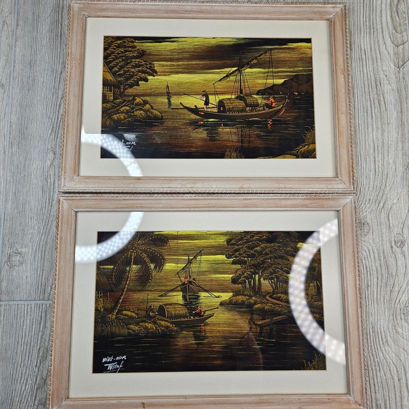 Vtg Signed Vietnam Silk Painting Set Framed River Landscape Sampan Boat 2pc Set