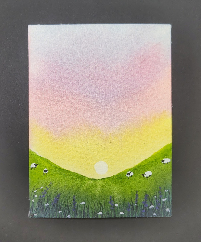 Small Sunrise Over Green Hills Landscape Watercolor Painting Unframed ACEO