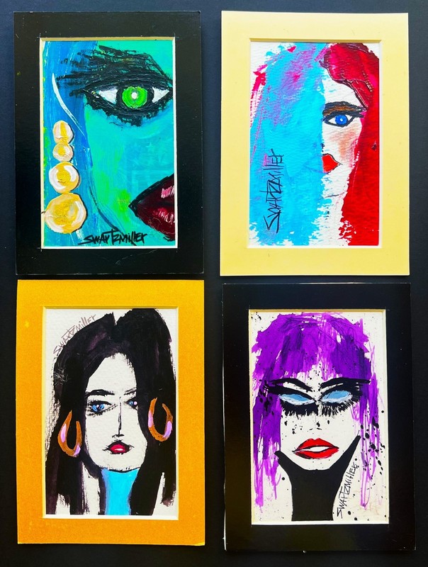 4 ORIGINAL POP ART PAINTINGS Lady Portraits FRAMED 5 x 7 EACH SWARTZMILLER DNA