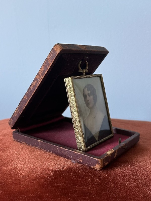 Rare 1930s Art Deco Framed Signed Hand Painted Portrait on Glass in Leather Case gallery
