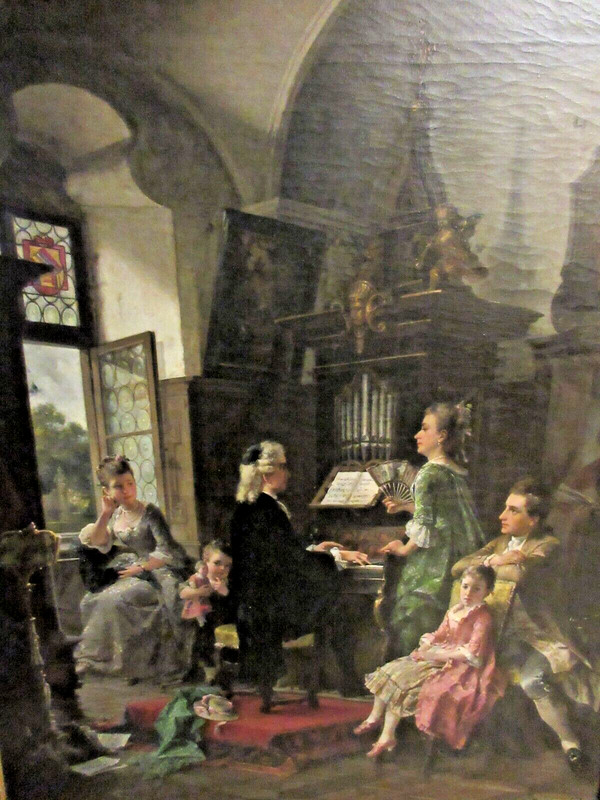 IMPORTANT CARL HERPFER 46" x 54" OIL PAINTING "MUSIC LESSON" IN FINE GOLD FRAME gallery
