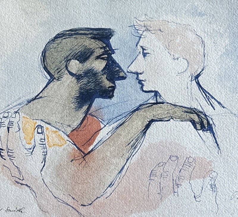1952 William Pachner (Czech /American) Two Man Hugging Watercolor Ink Painting