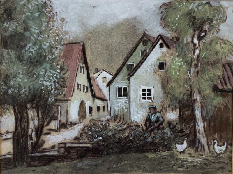 Watercolor mixed media picture painting probably Fritz Lang Fürth village square with chickens
