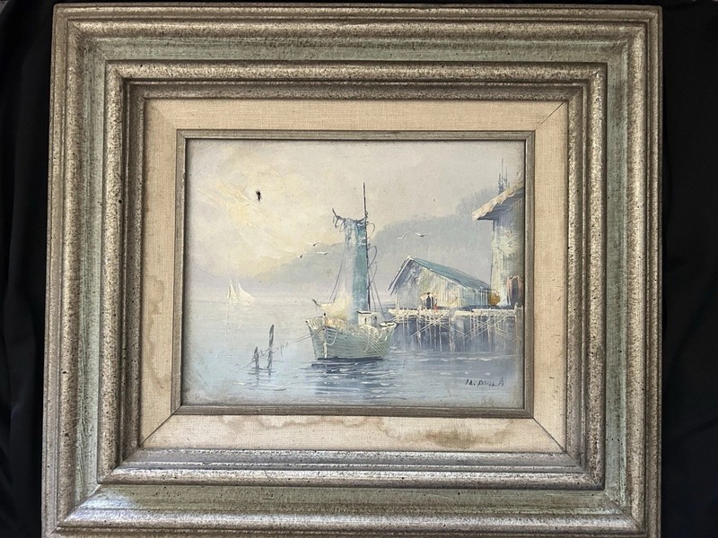 Signed Harbor Oil Painting European Fishing Village Seascape Vintage Framed Canv