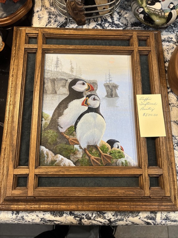 Lane Kendrick Puffin Driftwood Oil Painting On Canvas