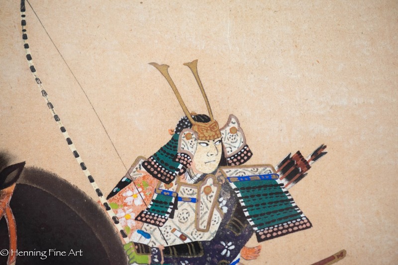Antique / Vintage Japanese Silk Painting of Samurai Warrior on Horseback 16x19" gallery