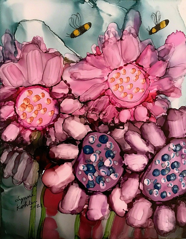 Original Painting 4×5″ FLOWERS and BEES by Lynne Kohler