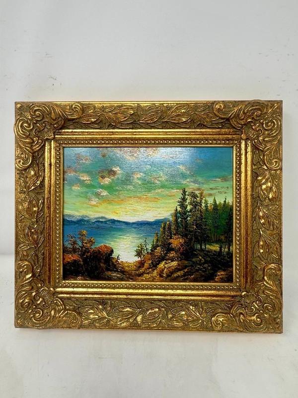 Beyond the Pines Framed Lake Landscape Painting Ornate Gold Frame Wall Art