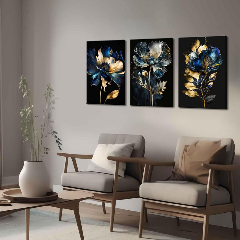 Blue and Gold Abstract Flower Canvas Art Set of 3 for Modern Home Decor gallery