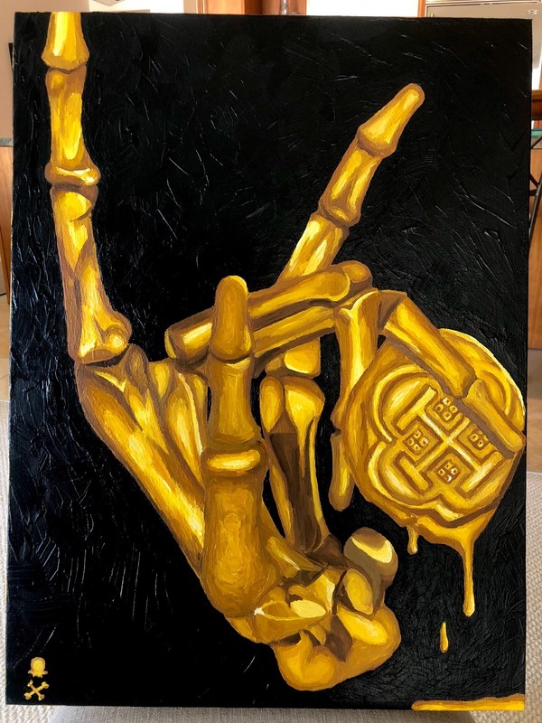 Treasure Paintings by JR Bissell: «Golden Skeleton Hand» Pirate Treasure Coins