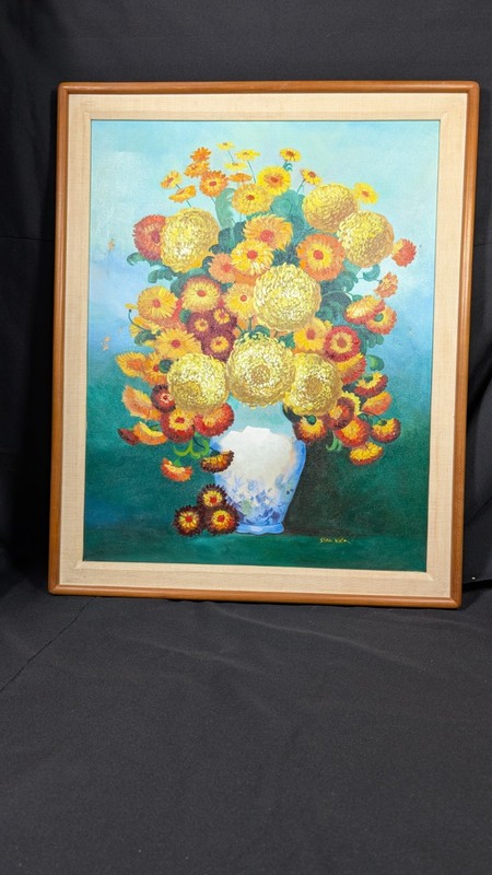 Chrysanthemums in Blue Vase by Steve Klein Framed Size 31 1/2 x 25 1/2