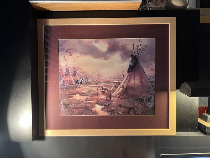 Hulan Fleming Signed Atzec/Native American Framed Horse teepees Scene Lithograph