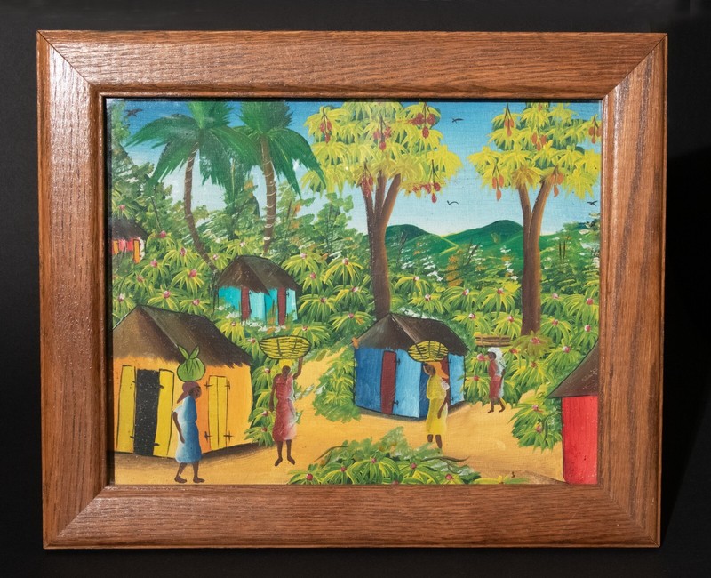 Haitian Village Scene Folk Art Painting Oil on Canvas Signed Ti Manno Colorful gallery