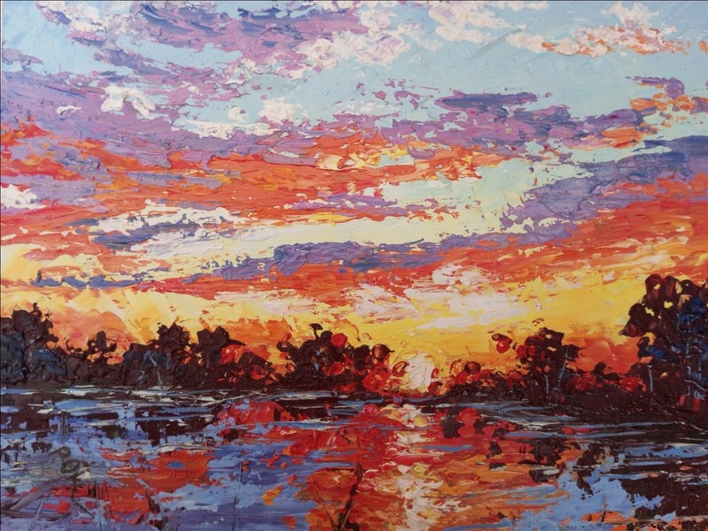 Original Evening Sunset River Oil Painting Palette Knife Ukrainian Landscape Art gallery