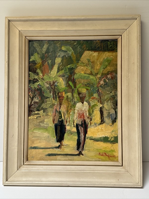 MID CENTURY PAINTING INDIA OR MOROCCO SIGNED IMPRESSIONIST VILLAGE WORKERS OIL