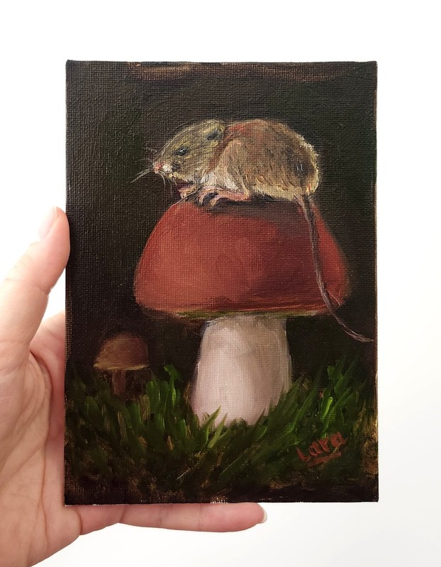 Framed Original Oil Painting Mouse on Mushroom 5x7 Signed OOAK Woodland Art gallery