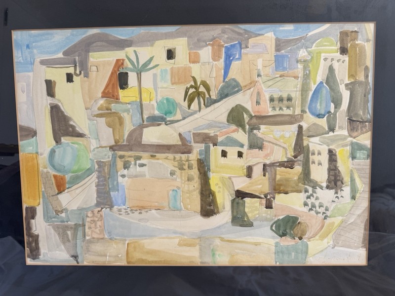 ORIGINAL ART WATERCOLOR MIDDLE EASTERN VILLAGE EXPRESSIONIST FRAMED IN GLASS gallery