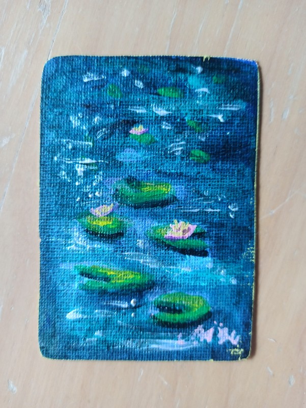 ACEO Landscape Lily Pad Pink Flowers Impressionism Acrylic Original By O.MyLore gallery