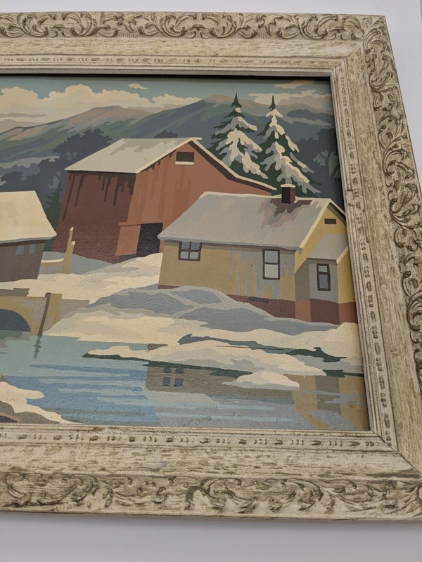 Vtg Set Paint By Number Winter Landscape Framed Wall Art MCM Snow Cabin Farm gallery