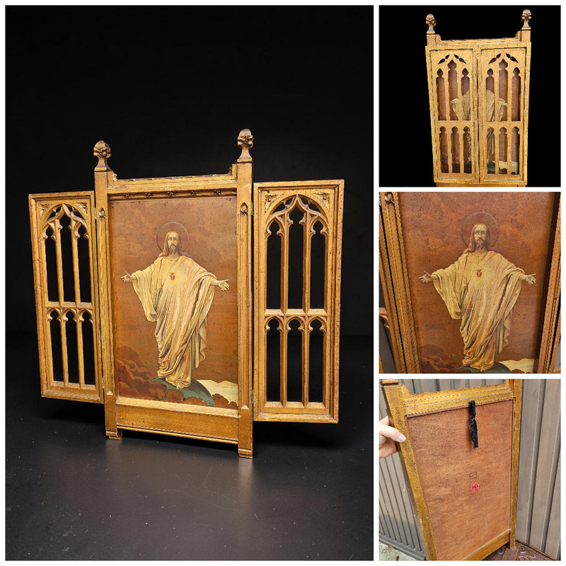 Antique neo gothic Wood wall triptych wall plaque enamel painting metal Christ