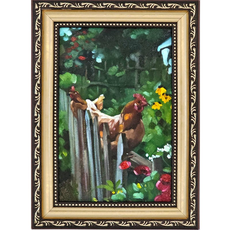 Original Oil Painting Rooster Hen Farm Garden Rustic Animal Art 4×6 Framed