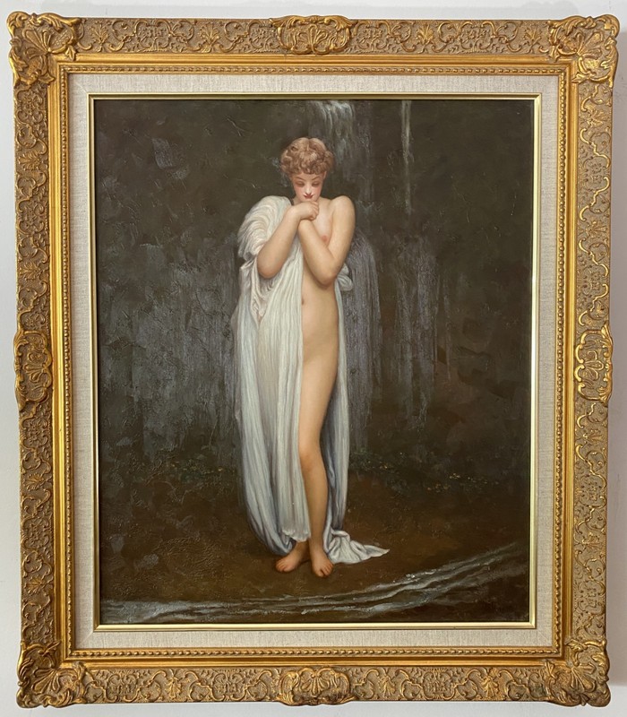 Large Oil Painting – Angelic Lady at Shore of Lake – Ornate Gold Frame
