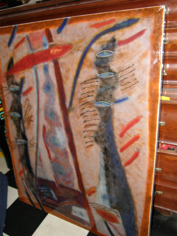 JERRY SCHEIDEMAN ENAMELED STEEL "Song Garden," abstract design painting glass gallery