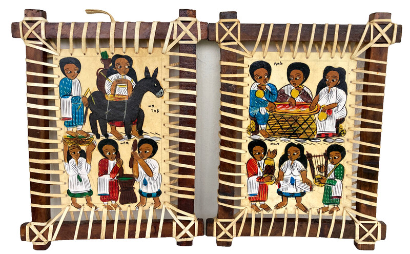 Ethiopian Painting on Leather Hand Painting 17″ Framed Leather Wall Art Lot of 2
