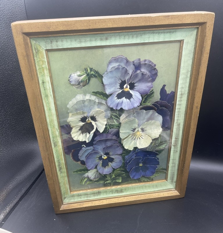 1950’s Mid Century Pansy Pansies Painting 3D Art Shadowbox signed J Voerman Jr.