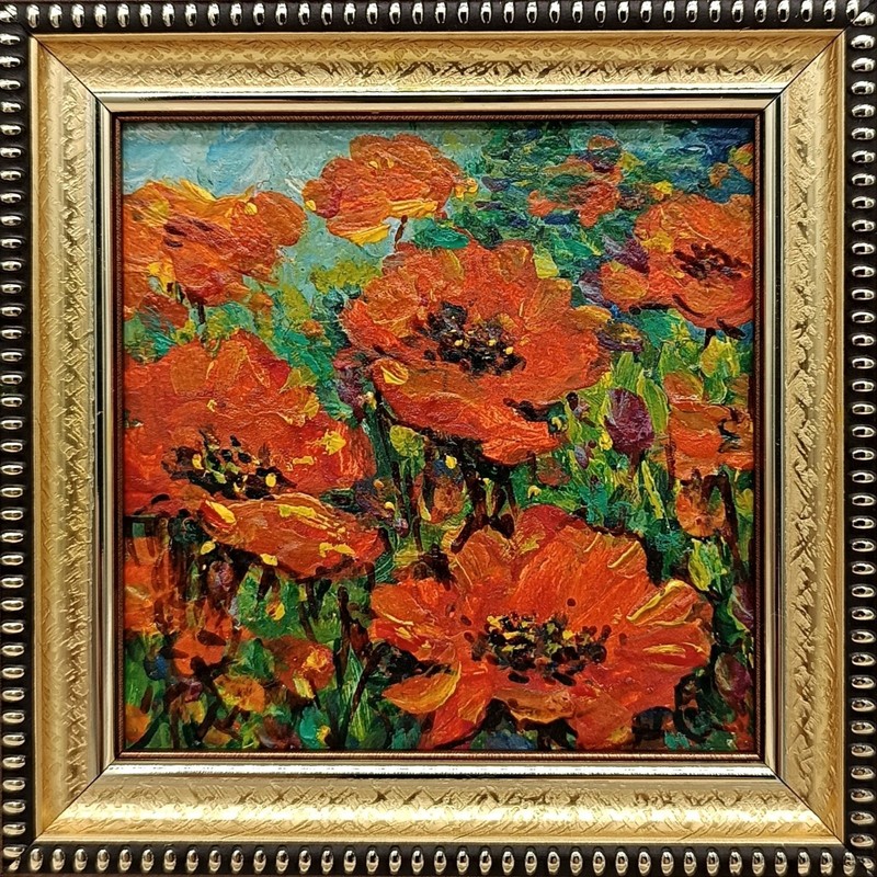 Original Oil Painting Summer Landscape Wildflowers Red Poppies Signed 4x4