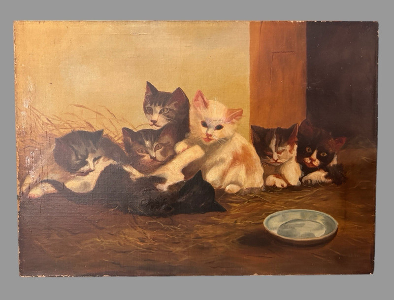 Vintage Antique Victorian Oil Painting on Canvas Playful Cats n Kittens