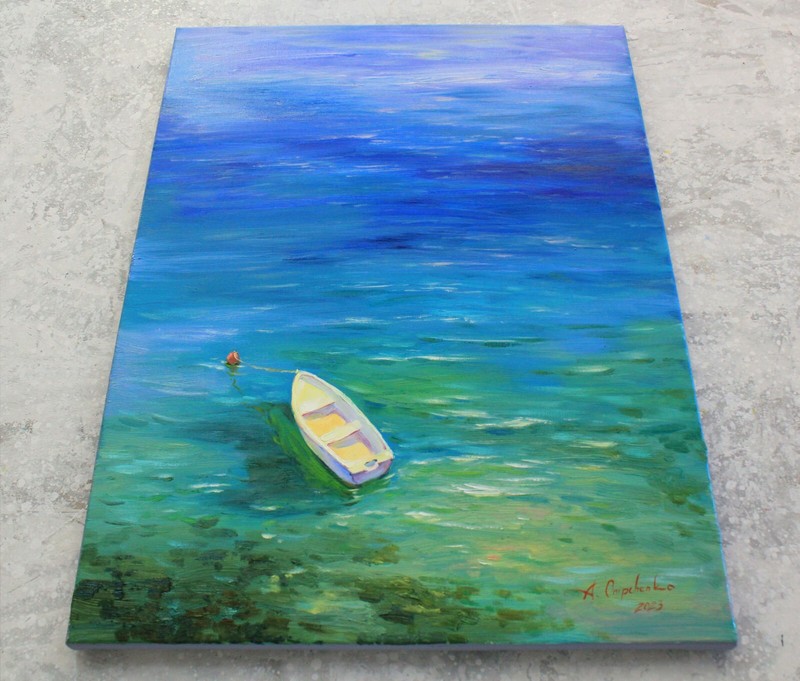 Sea boat from above Original painting OOAK artwork Oil on canvas by A Onipchenko gallery