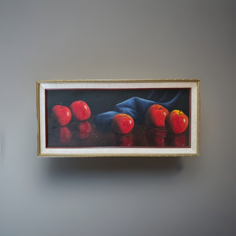 FINEST SIGNED MYSTERY STILL LIFE RED APPLES OIL PAINTING 28.5″ X 13.5″ FRAMED