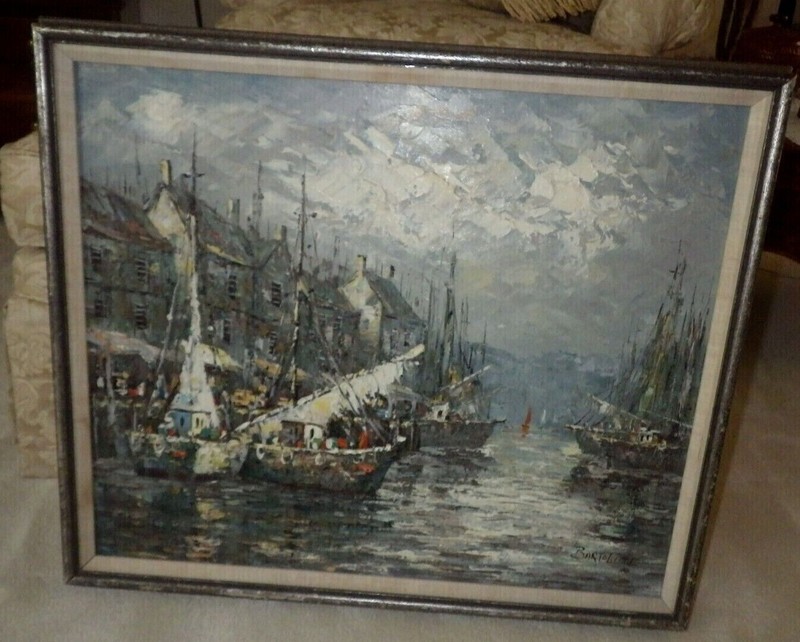 BARTOLUCCI MID-CENTURY IMPRESSIONIST OIL PAINTING FISHING VILLAGE BOATS SIGNED