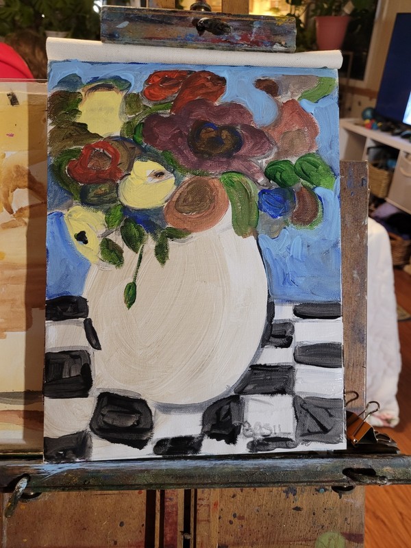 Original Floral Still Life Painting 9×12 Acrylic Canvas Vase Art Decor.