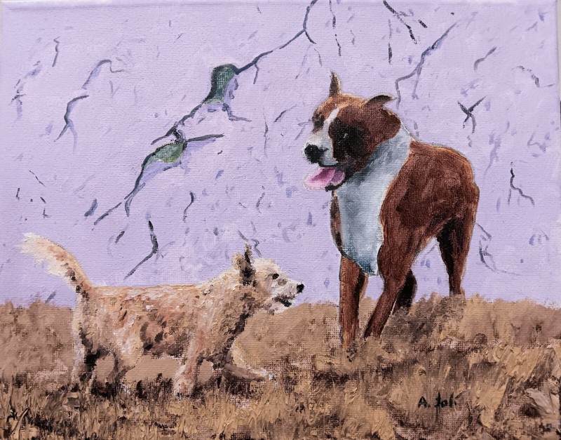 Oil Painting Dogs in Grass in Urban Landscape Peeling Paint Animals Art A. Joli