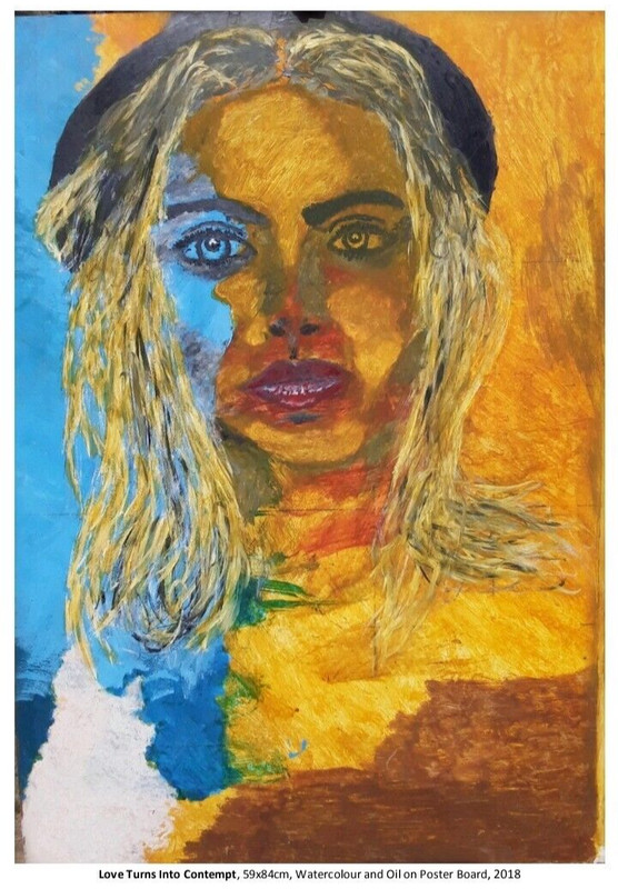«Love Turns into Contempt»(2017); 60 x 84cm; Acrylic and watercolour painting.