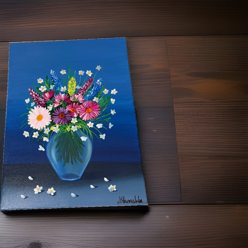 Floral Still Life Print Flowers Bouquet in Blue Vase, Signed pre-mat framed
