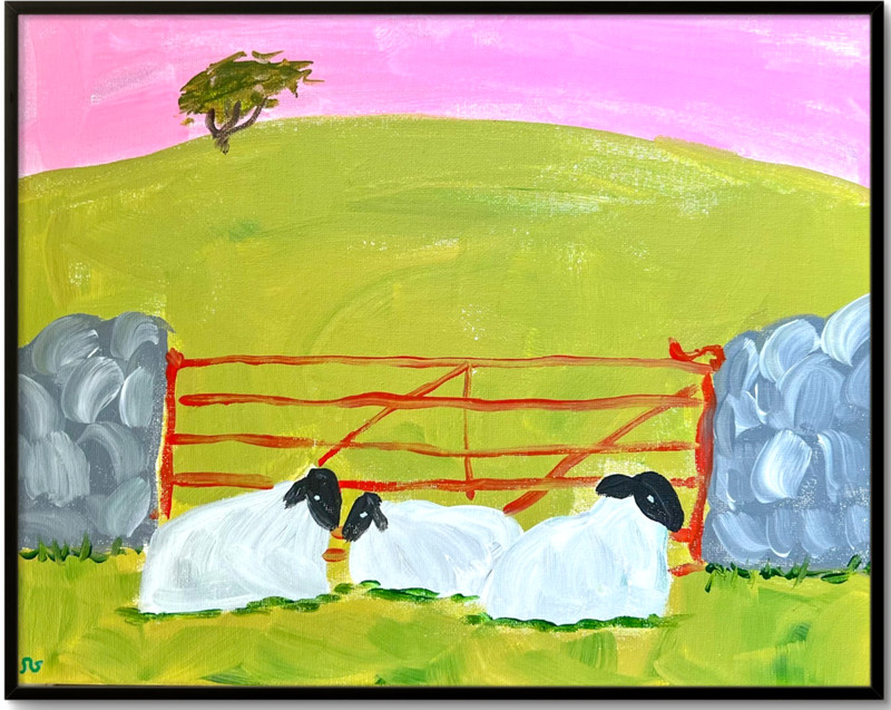 Pink Sunset Sheep Painting, Farm Animal Art 11×14