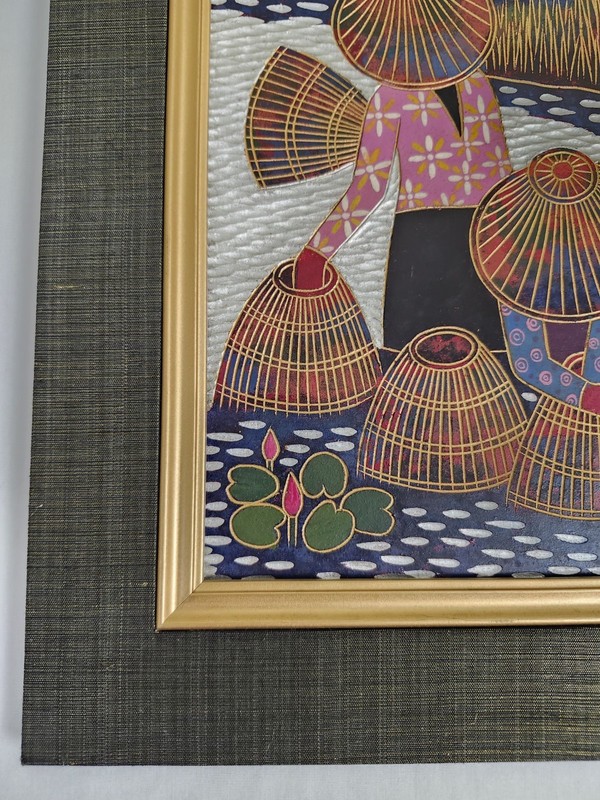 Vintage Southeast Asian Lacquer Painting Fishing Scene Framed Wall Art Women gallery