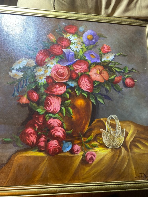 Large Ida May Carr "Still Life With Vase Of Roses" - Oil Painting -Signed/Framed gallery