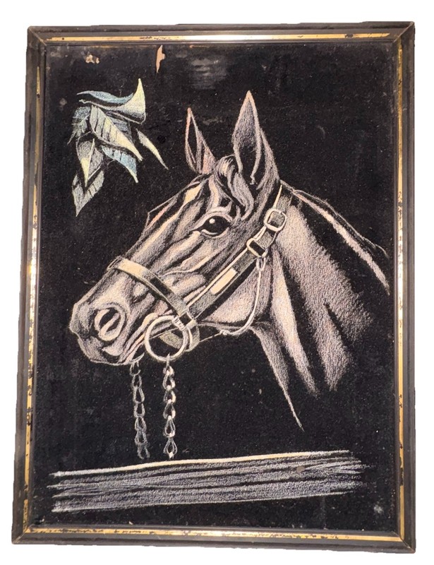 1950s VTG Velvet Horse Painting Bridle Portrait Western Black Felt Art 16×12 USA