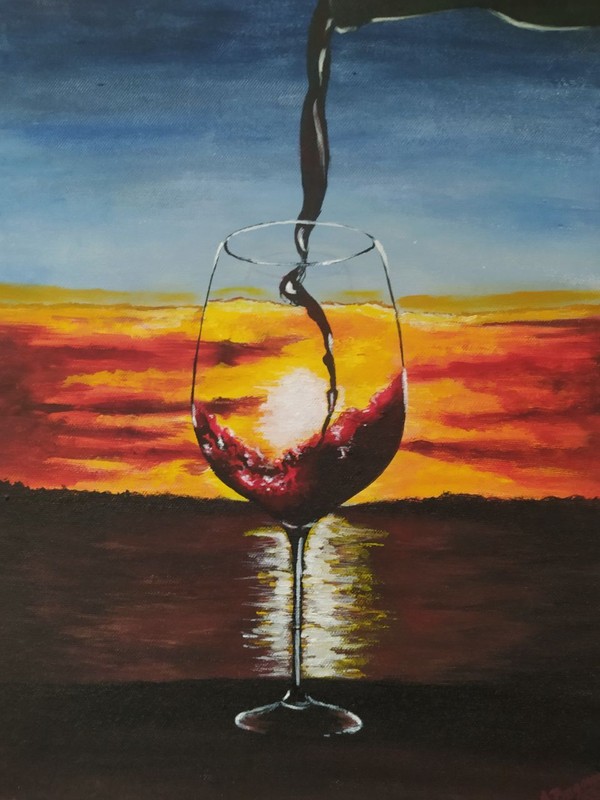 Original acrylic painting Sunset in a wineglass 30×40 cm