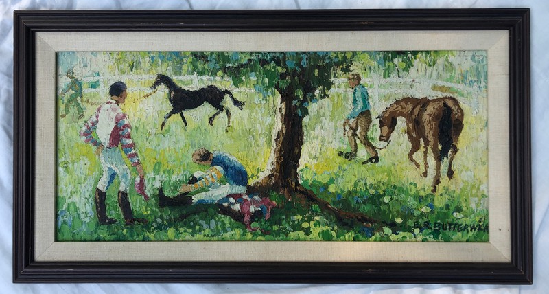 Signed E. R. Butterwick Colorful Oil On Board Of Jockeys & Horses In A Pasture