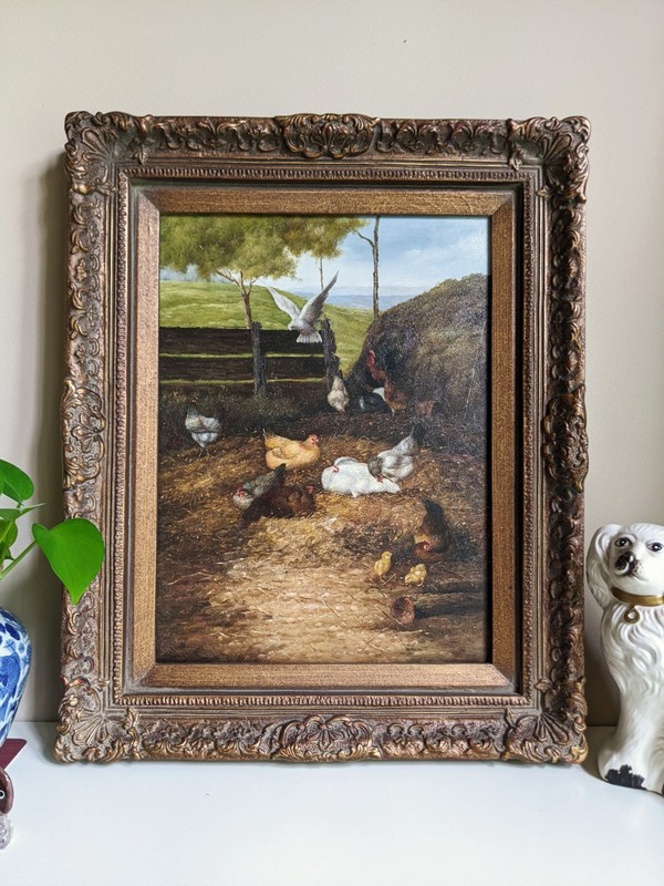 Ornate Wood Framed Original Oil On Canvas Painting Of Rooster Hens Chicks 21.5″