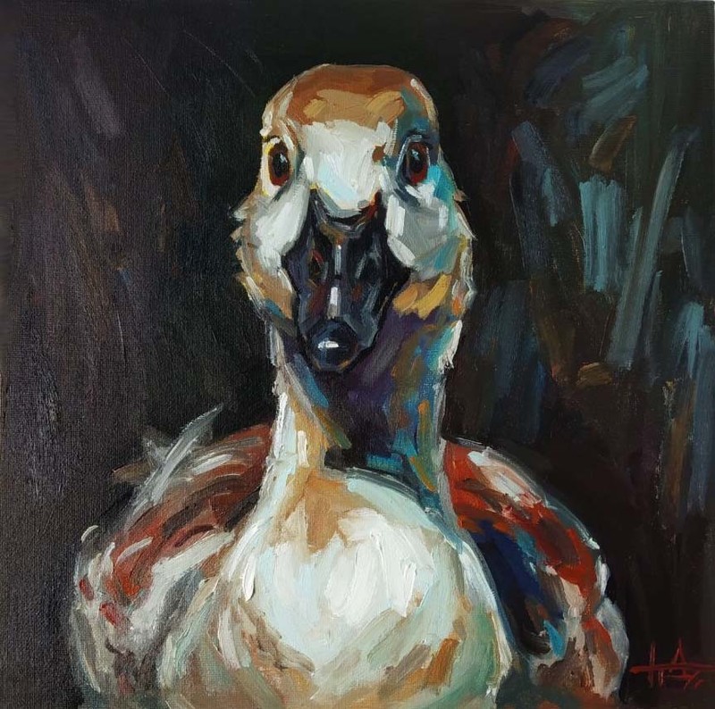 Original Oil Painting on Canvas Goose Portrait 30×30 cm Wall Art 11.8×11.8 inch