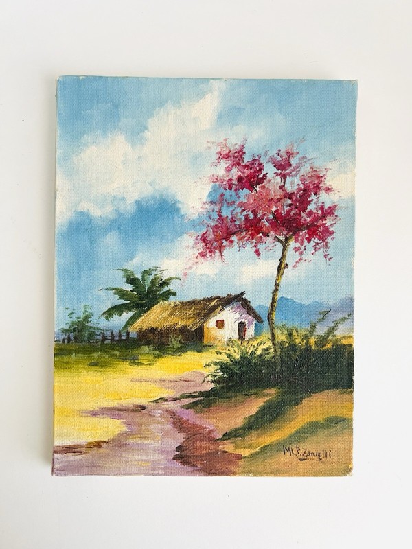 Vintage Small Canvas Oil PAINTING Unframed Signed Tropical Landscape 7×9.5