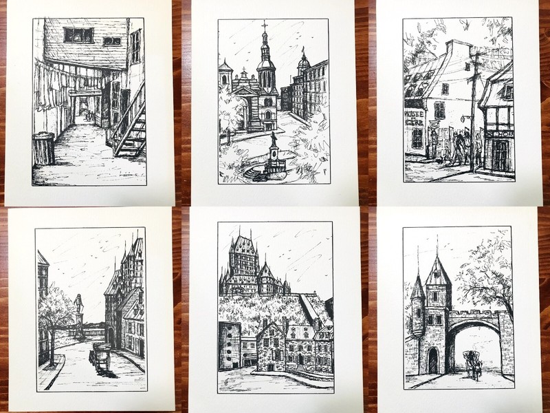 UNKNOWN ARTIST / DATES LITHOGRAPH B&W MEDIEVAL CASTLES CHILDREN ANIMALS SET OF 6