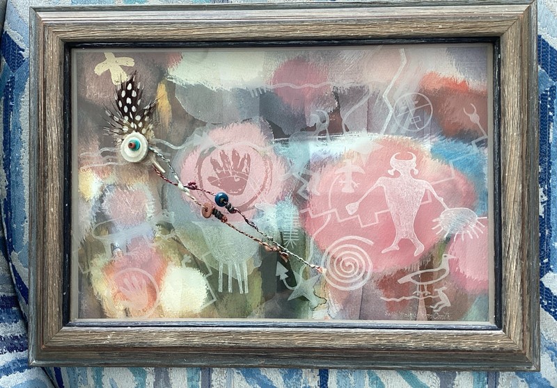 Sally Von Conta “Kokopelli Do Your Rock Dance” Mixed Media Watercolor Lucite Art gallery